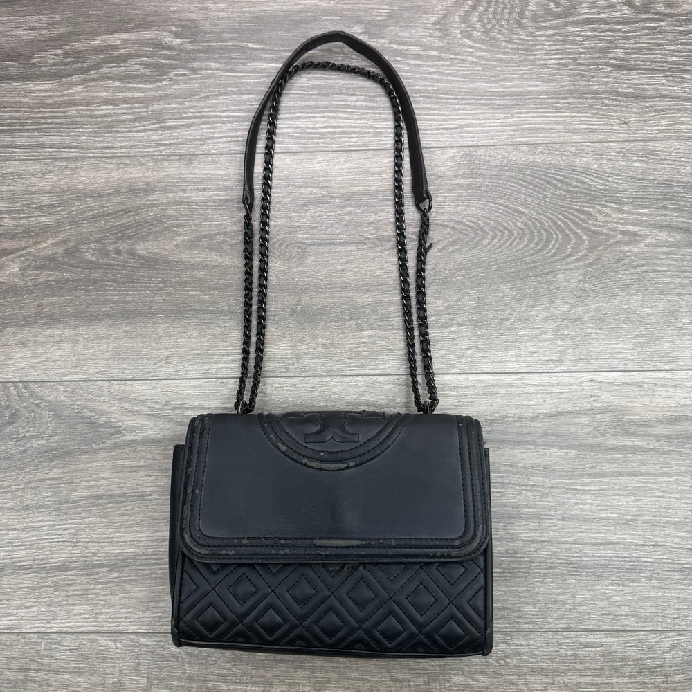 Tory Burch Fleming Matte Black Leather Convertible Chain Crossbody Shoulder Bag